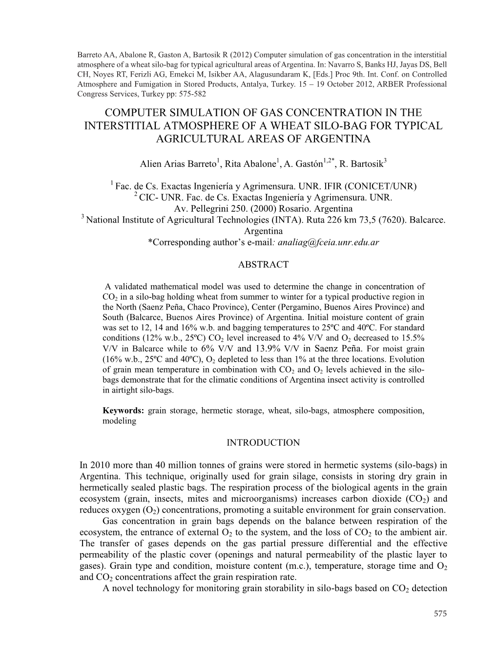 Computer Simulation of Gas Concentration in the Interstitial Atmosphere of a Wheat Silo-Bag for Typical Agricultural Areas of Argentina