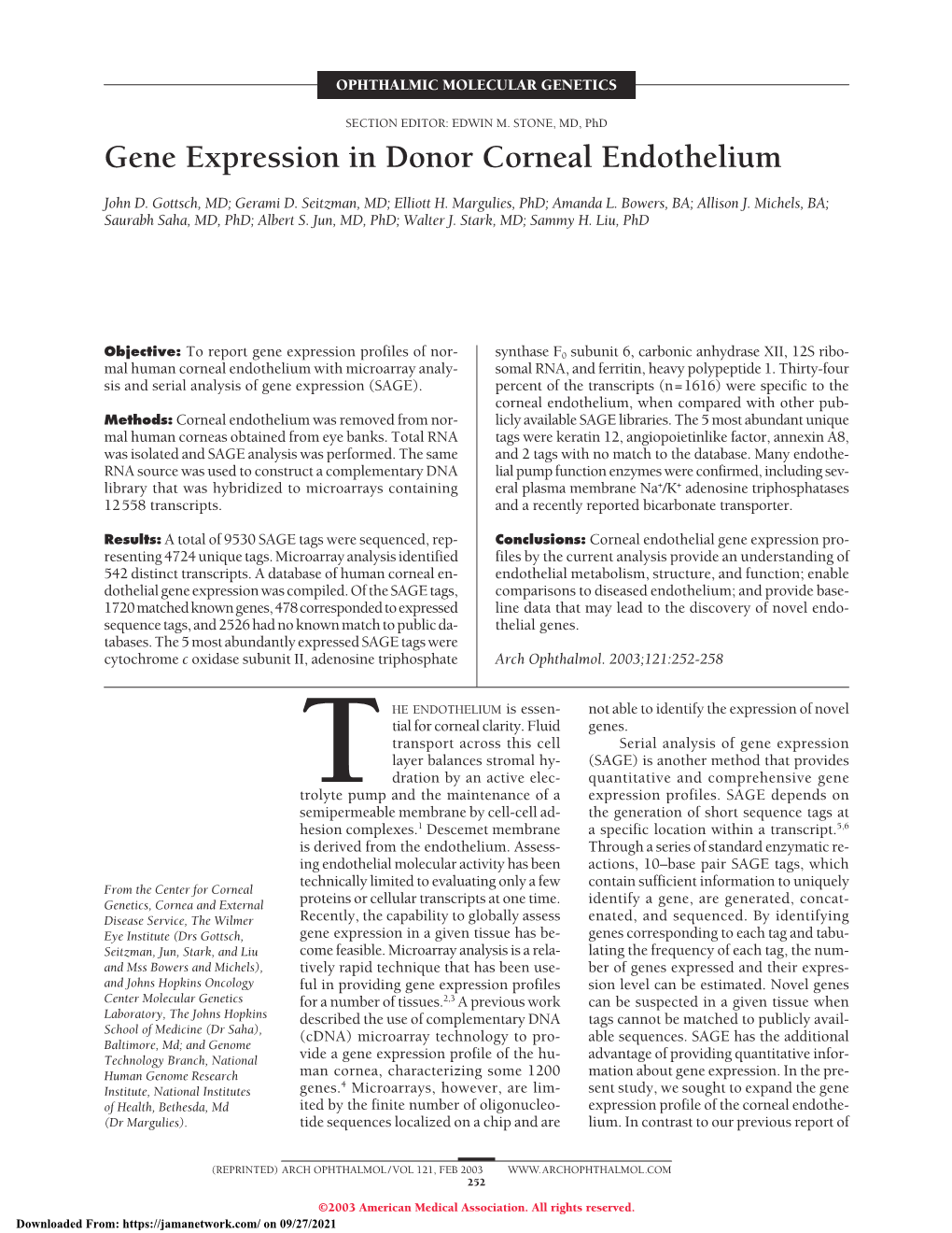 Gene Expression in Donor Corneal Endothelium