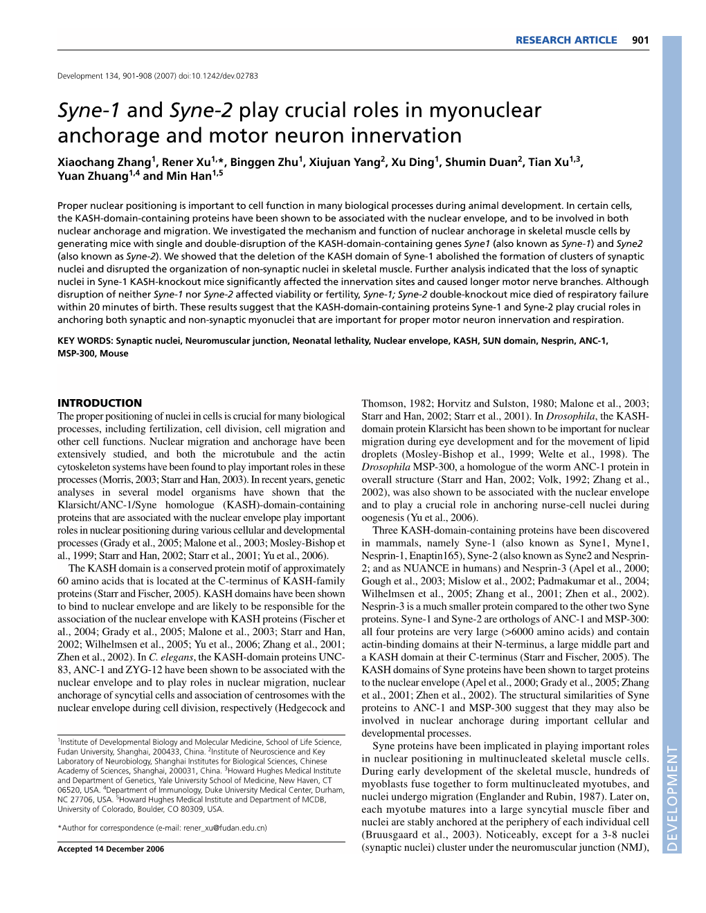 Syne-1 and Syne-2 Play Crucial Roles in Myonuclear Anchorage and Motor Neuron Innervation