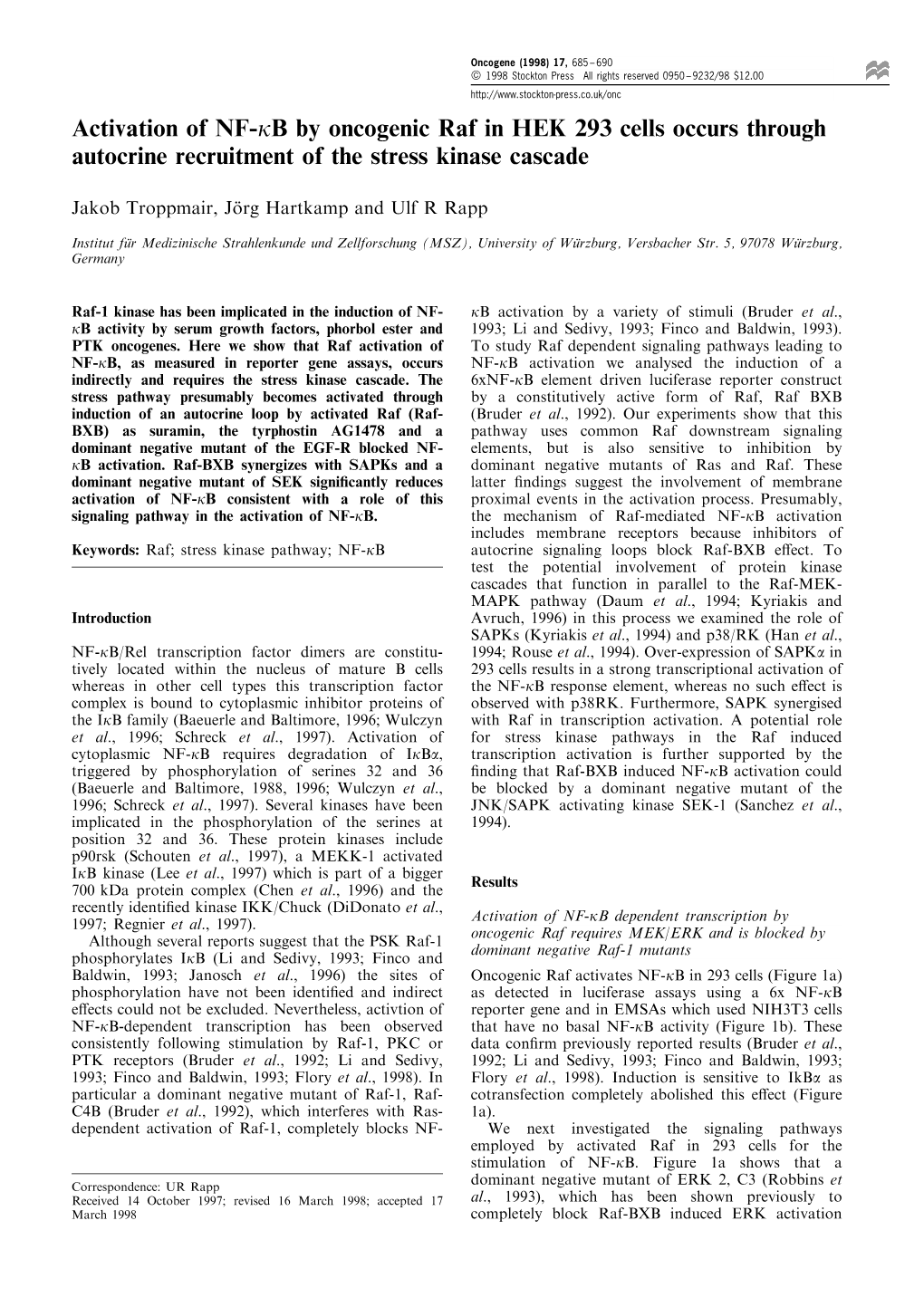 Activation of NF-Kb by Oncogenic Raf in HEK 293 Cells Occurs Through Autocrine Recruitment of the Stress Kinase Cascade