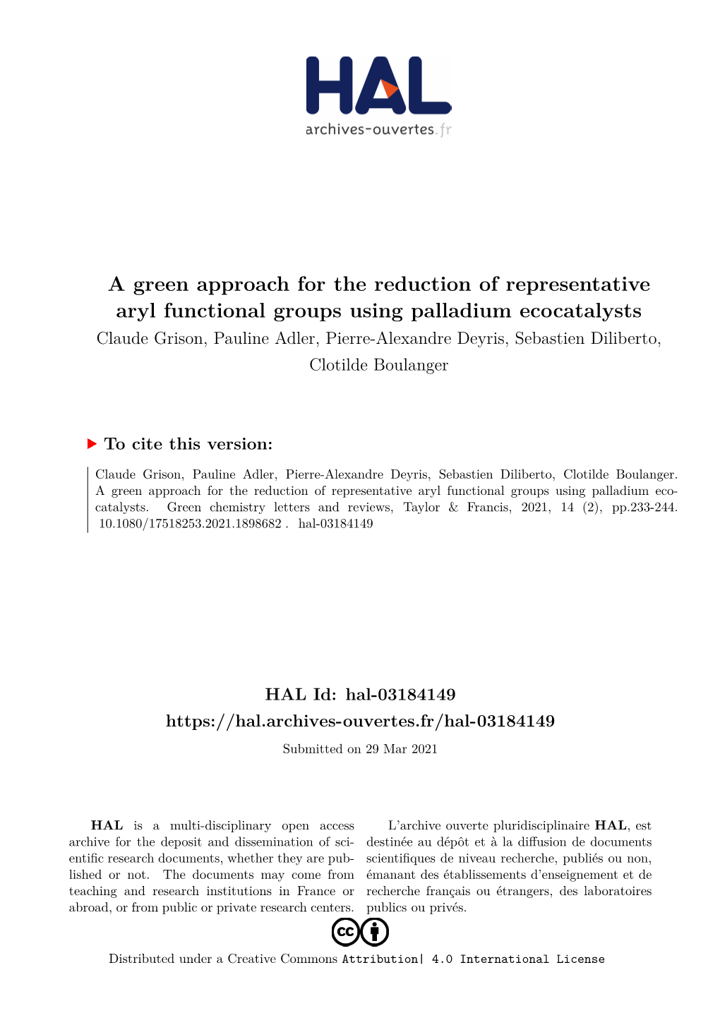 A Green Approach for the Reduction of Representative Aryl Functional