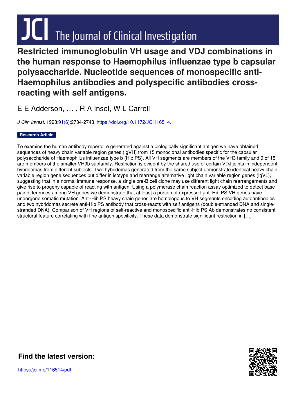 Restricted Immunoglobulin VH Usage and VDJ Combinations in the Human Response to Haemophilus Influenzae Type B Capsular Polysaccharide
