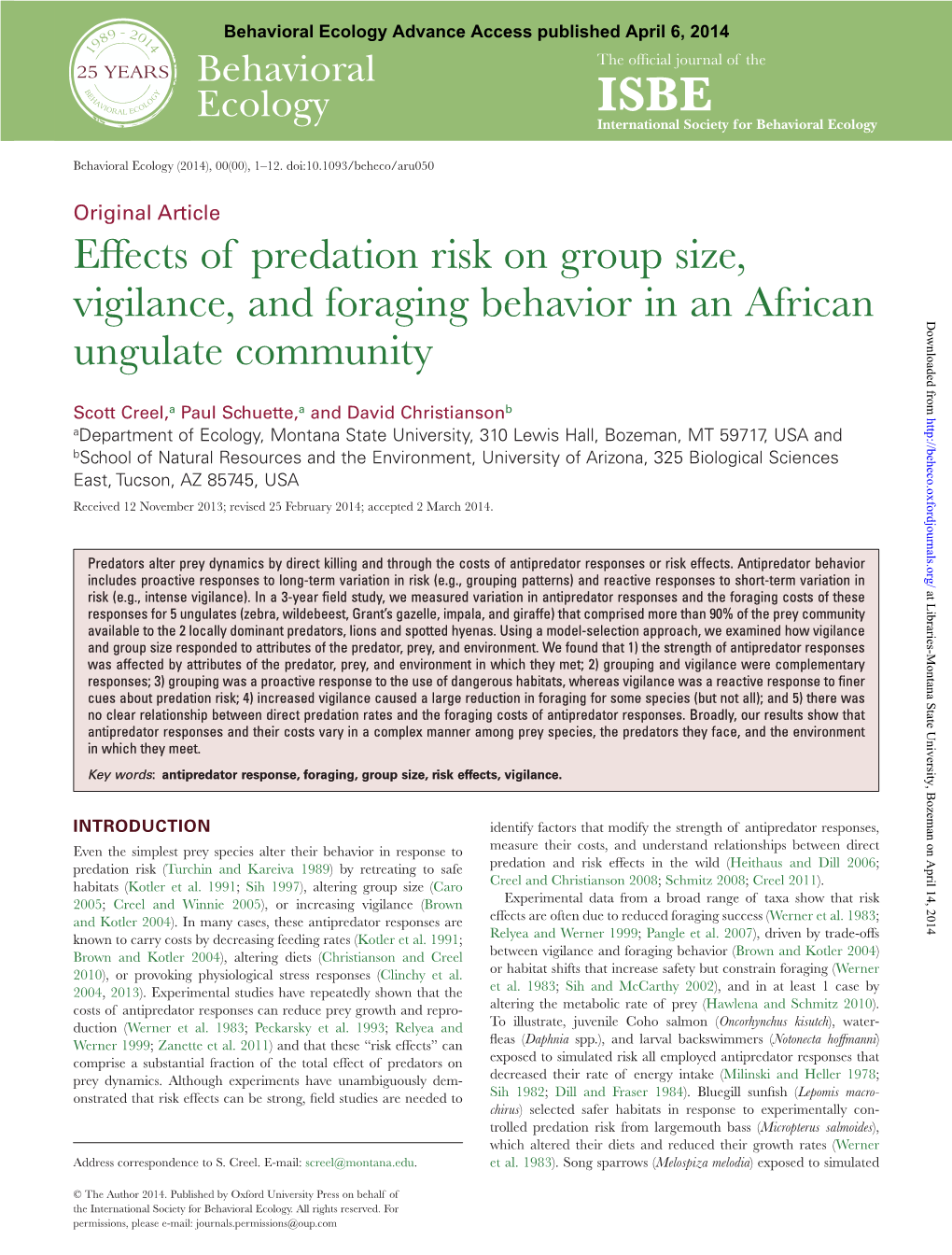 Effects of Predation Risk on Group Size, Vigilance, and Foraging Behavior In