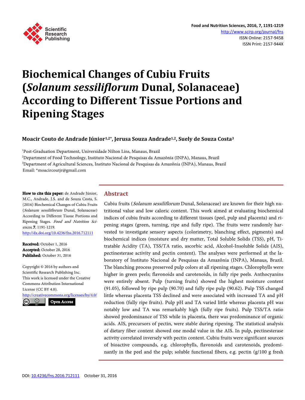 Biochemical Changes of Cubiu Fruits (Solanum Sessiliflorum Dunal, Solanaceae) According to Different Tissue Portions and Ripening Stages