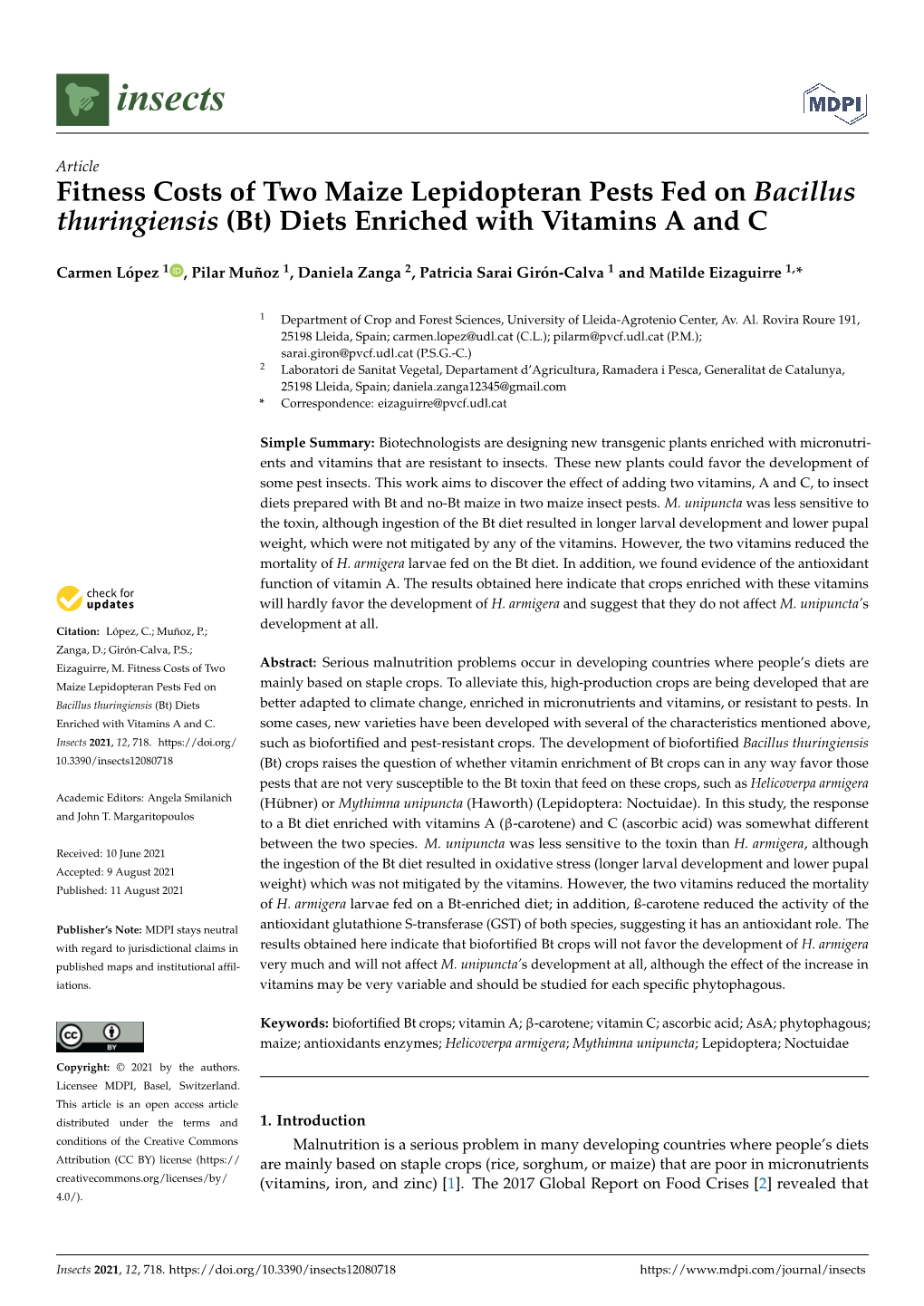 (Bt) Diets Enriched with Vitamins a and C