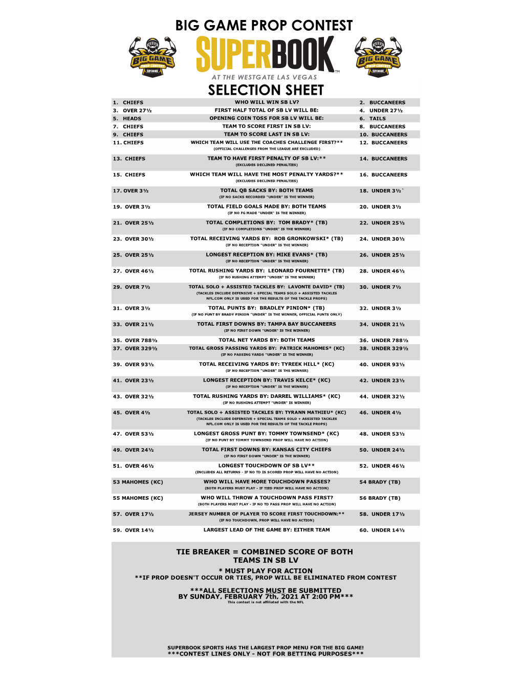 Big Game Prop Contest Selection Sheet