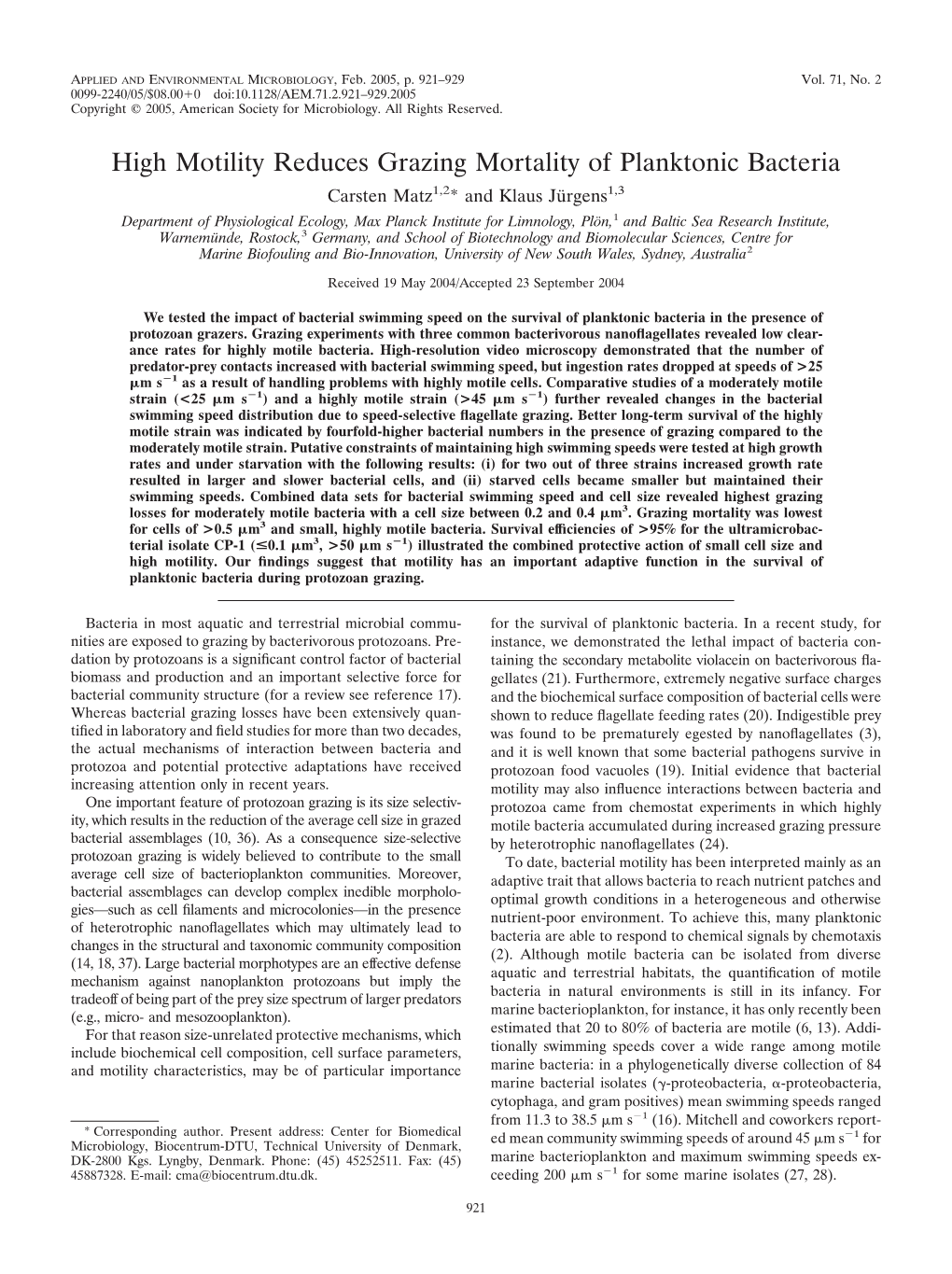 High Motility Reduces Grazing Mortality of Planktonic Bacteria