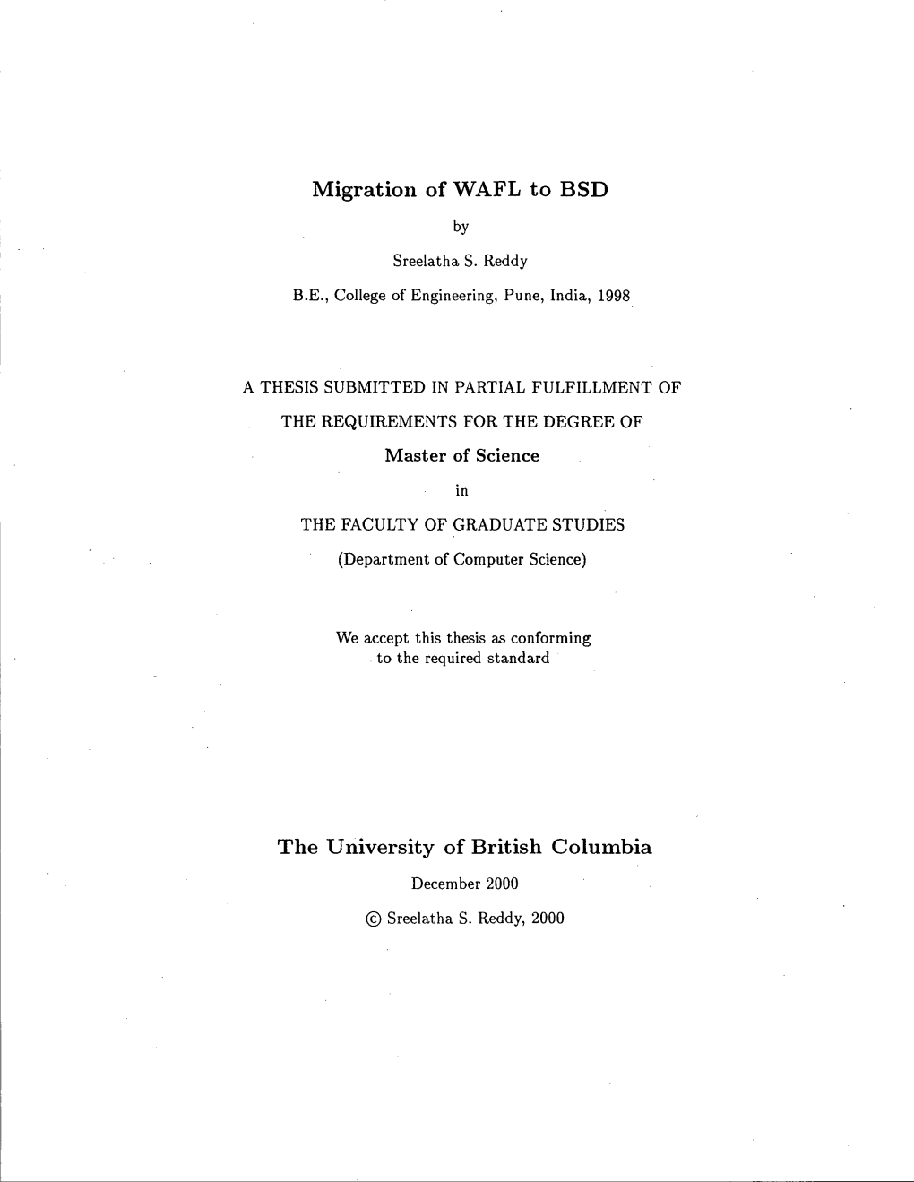 Migration of WAFL to BSD the University Of