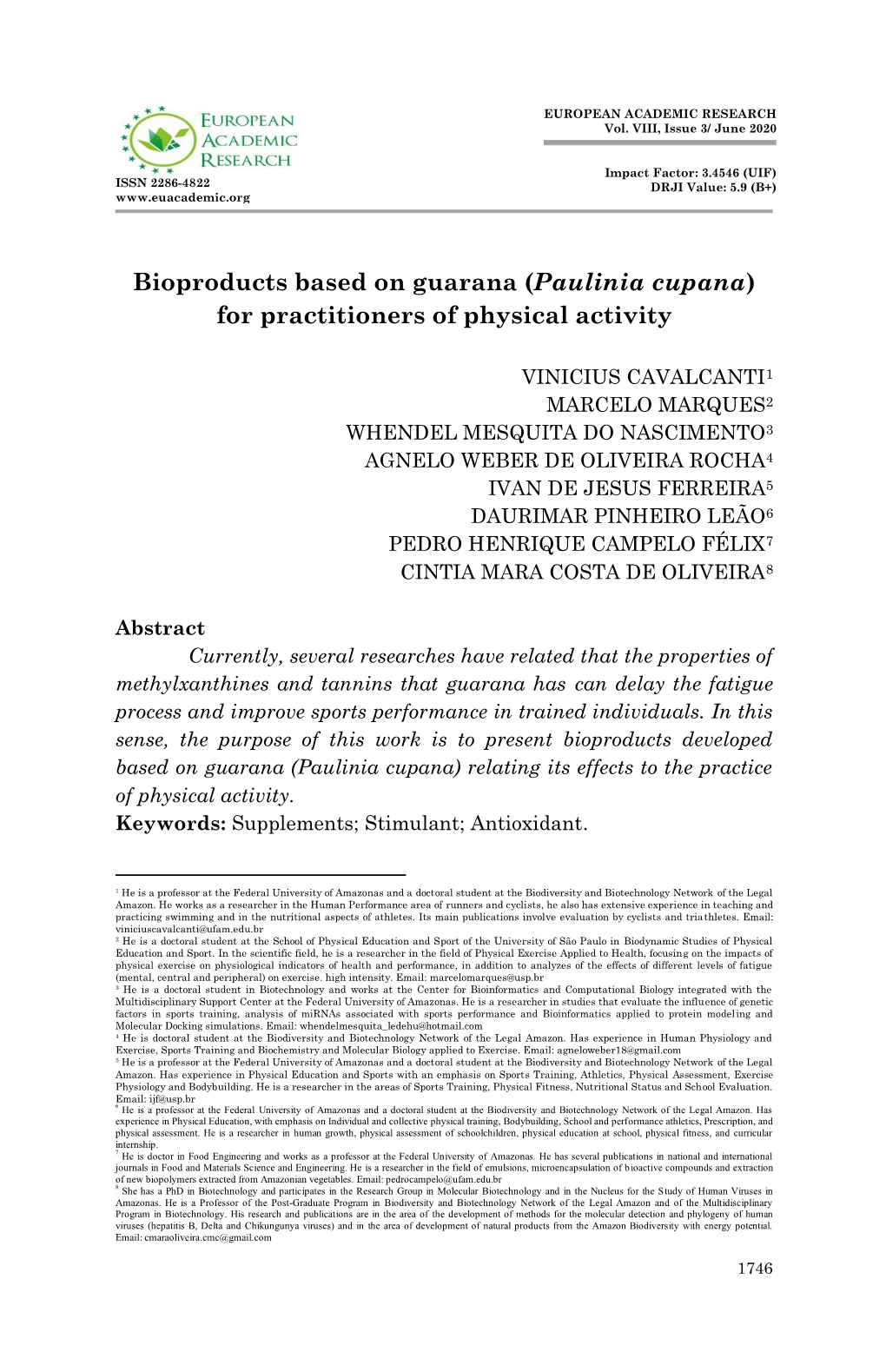 Bioproducts Based on Guarana (Paulinia Cupana) for Practitioners of Physical Activity