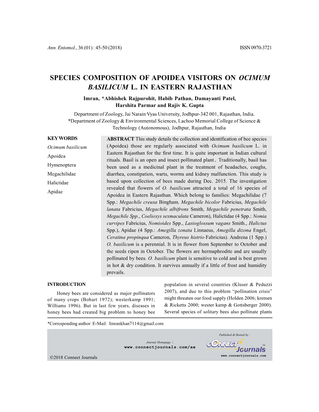 Species Composition of Apoidea Visitors on Ocimum Basilicum L