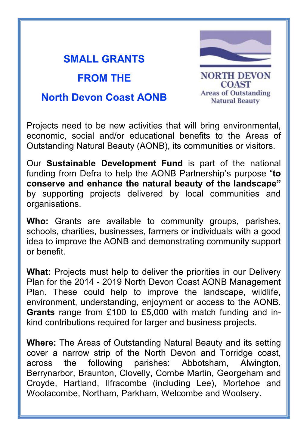 SMALL GRANTS from the North Devon Coast AONB