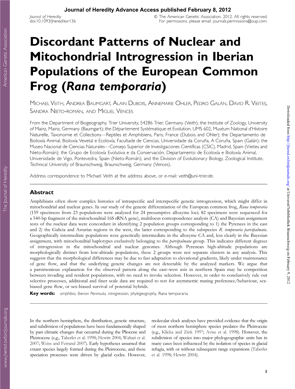 Discordant Patterns of Nuclear and Mitochondrial Introgression in Iberian Populations of the European Common Frog (Rana Temporaria)
