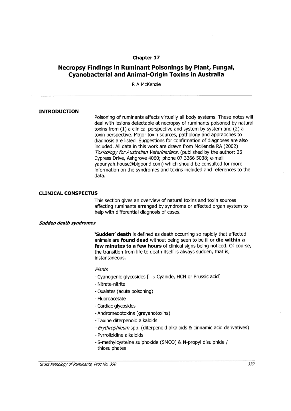 Necropsy Findings in Ruminant Poisonings by Plant, Fungal, Cyanobacterial and Animal-Origin Toxins in Australia R a Mckenzie