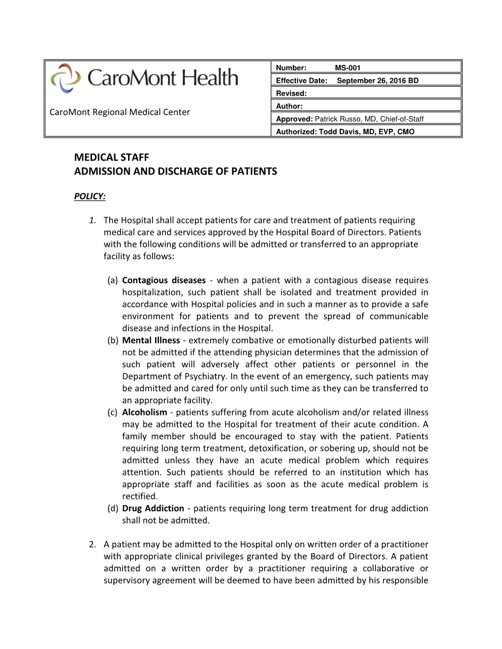 Medical Staff Admission and Discharge of Patients