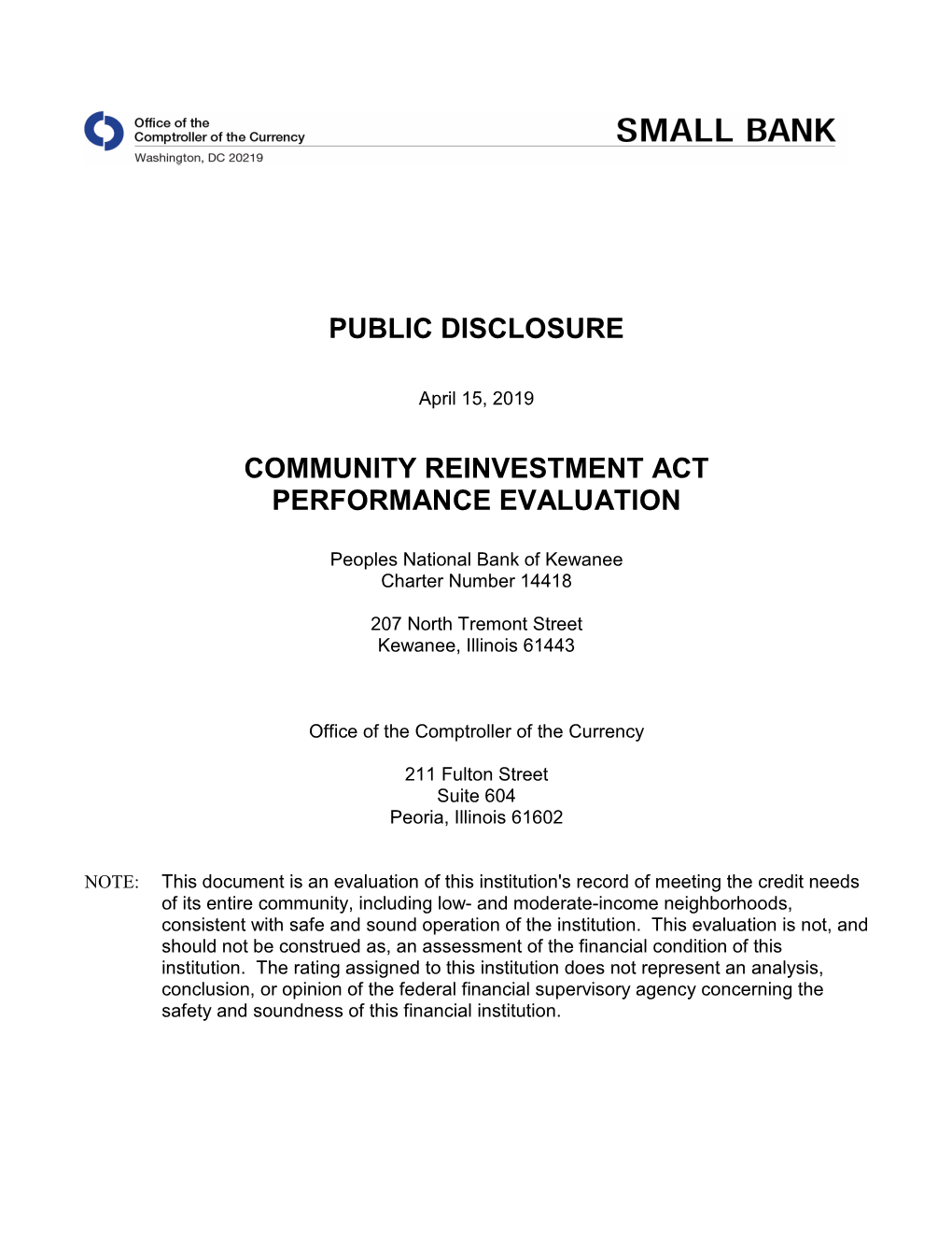 Community Reinvestment Act Performance Evaluation Charter No