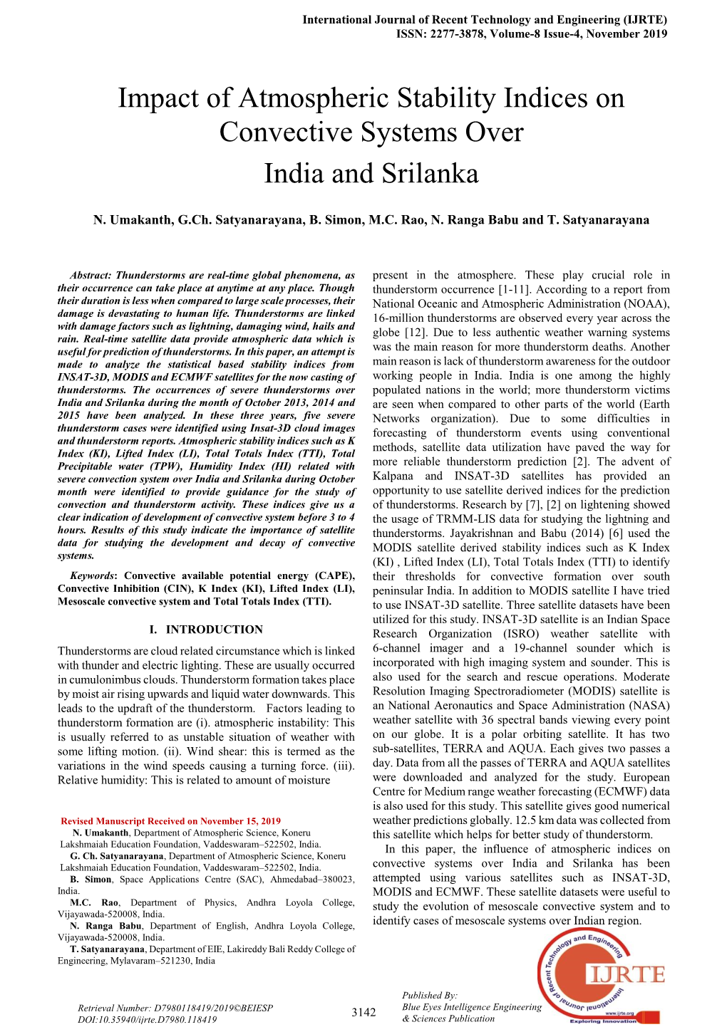 Impact of Atmospheric Stability Indices on Convective Systems Over India and Srilanka