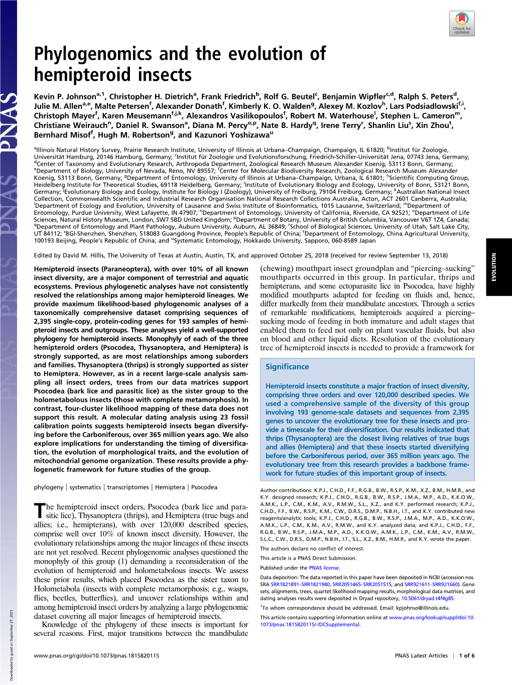 Phylogenomics and the Evolution of Hemipteroid Insects