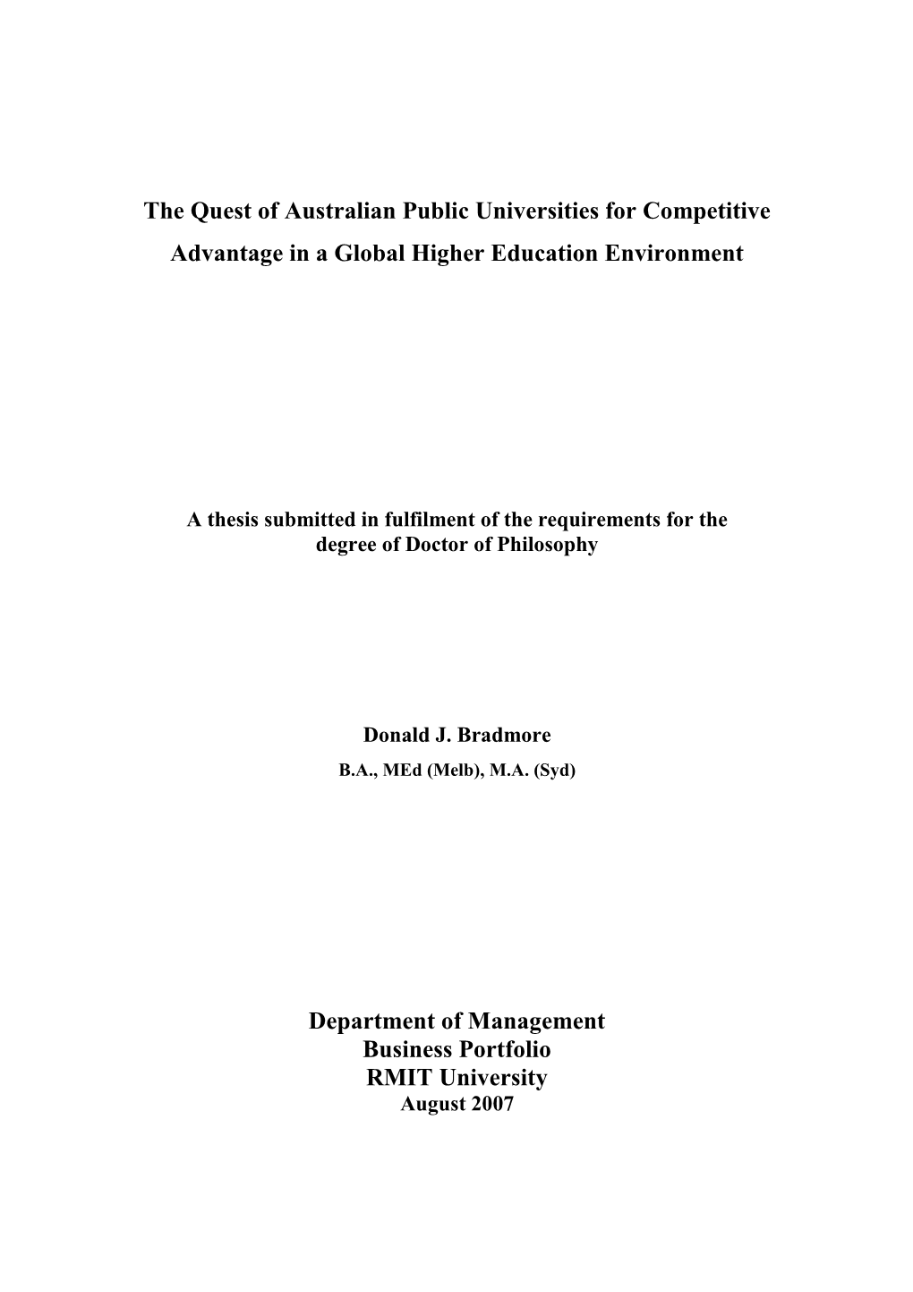 The Quest of Australian Public Universities for Competitive Advantage in a Global Higher Education Environment Department Of