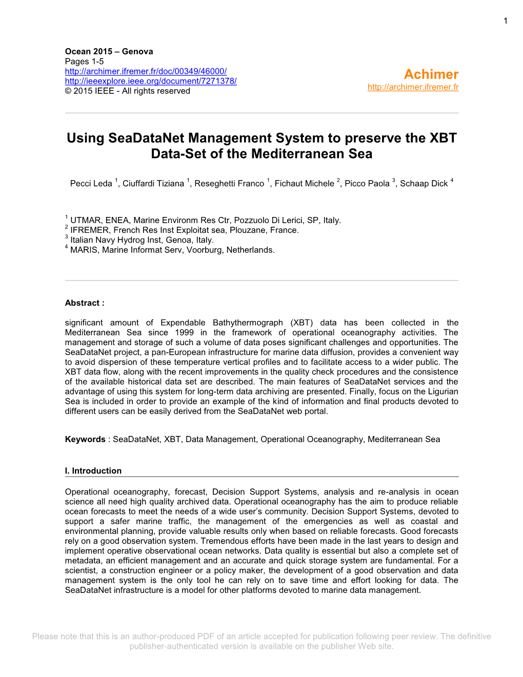 Using Seadatanet Management System to Preserve the XBT Data-Set of the Mediterranean Sea