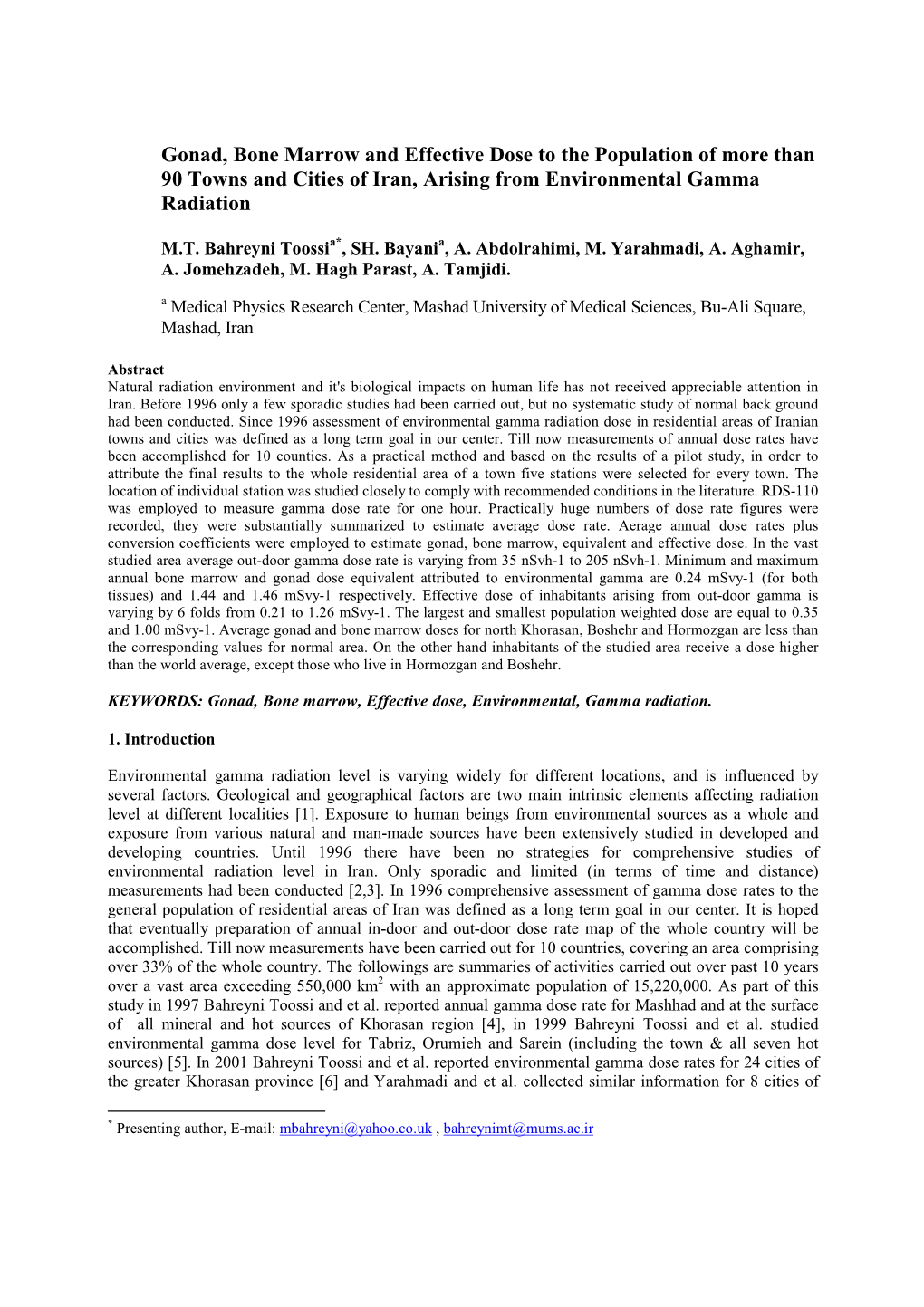 Gonad, Bone Marrow and Effective Dose to the Population of More Than 90 Towns and Cities of Iran, Arising from Environmental Gamma Radiation