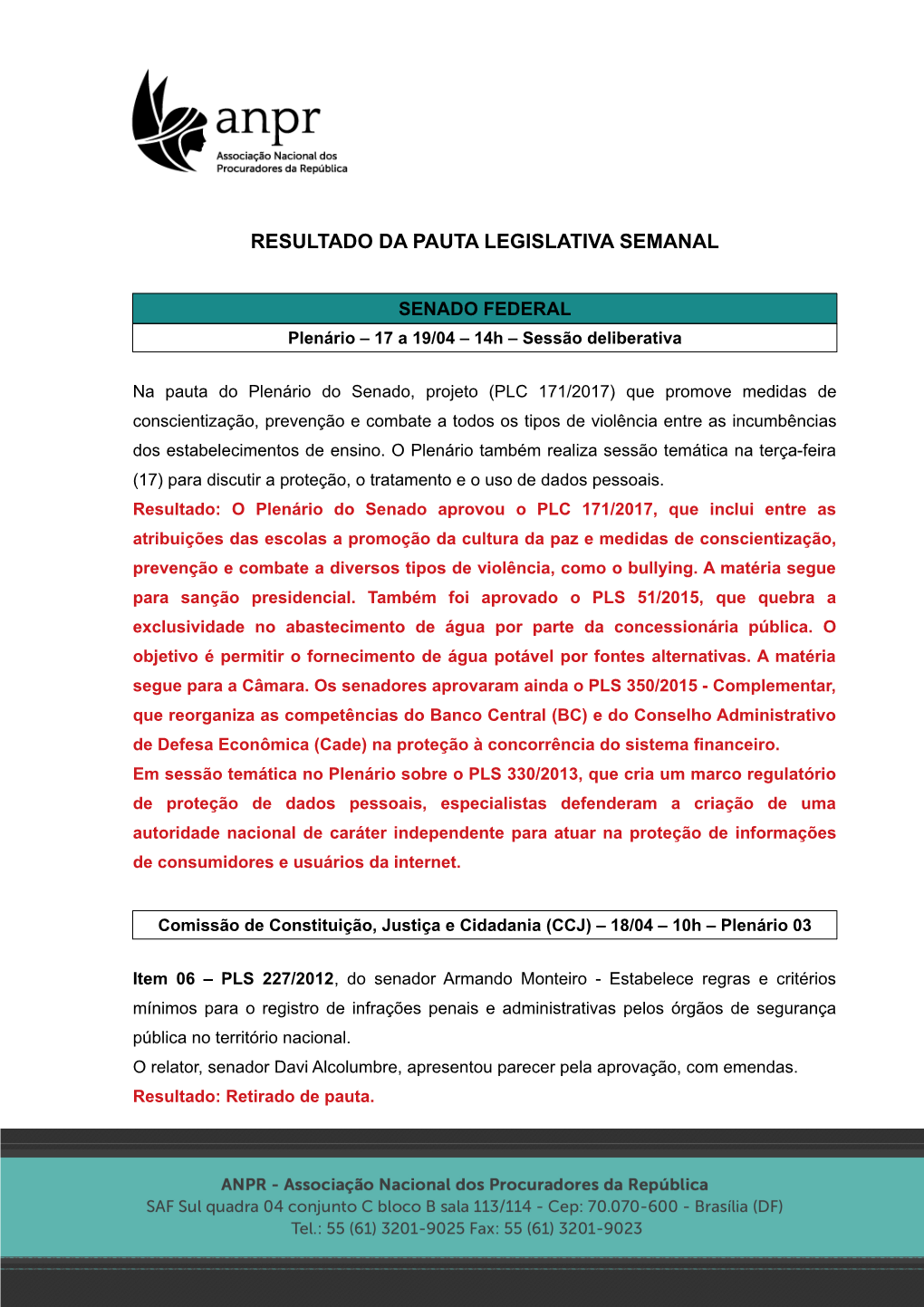 Resultado Da Pauta Legislativa Semanal