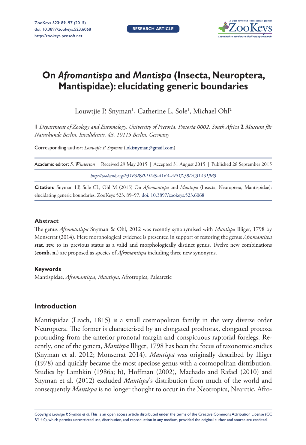 ﻿On Afromantispa and Mantispa (Insecta