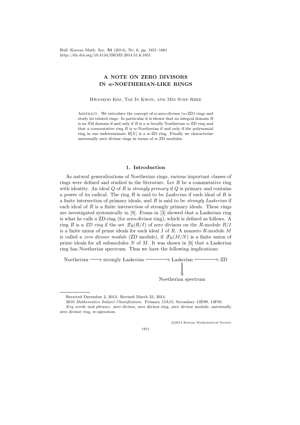 A NOTE on ZERO DIVISORS in W-NOETHERIAN-LIKE RINGS