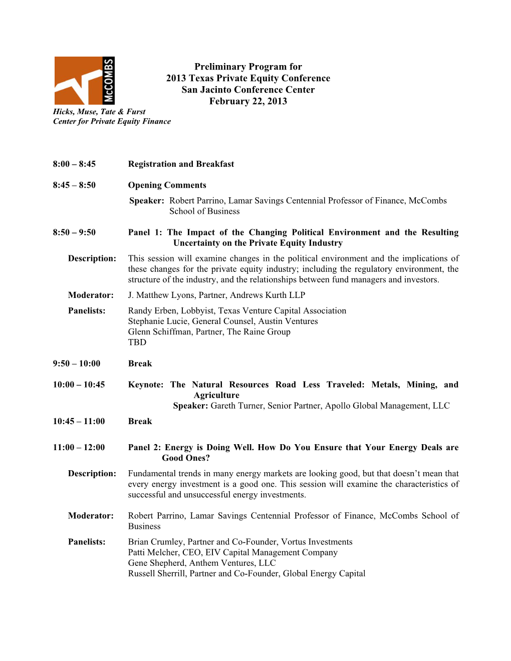 Preliminary Program for 2013 Texas Private Equity Conference San