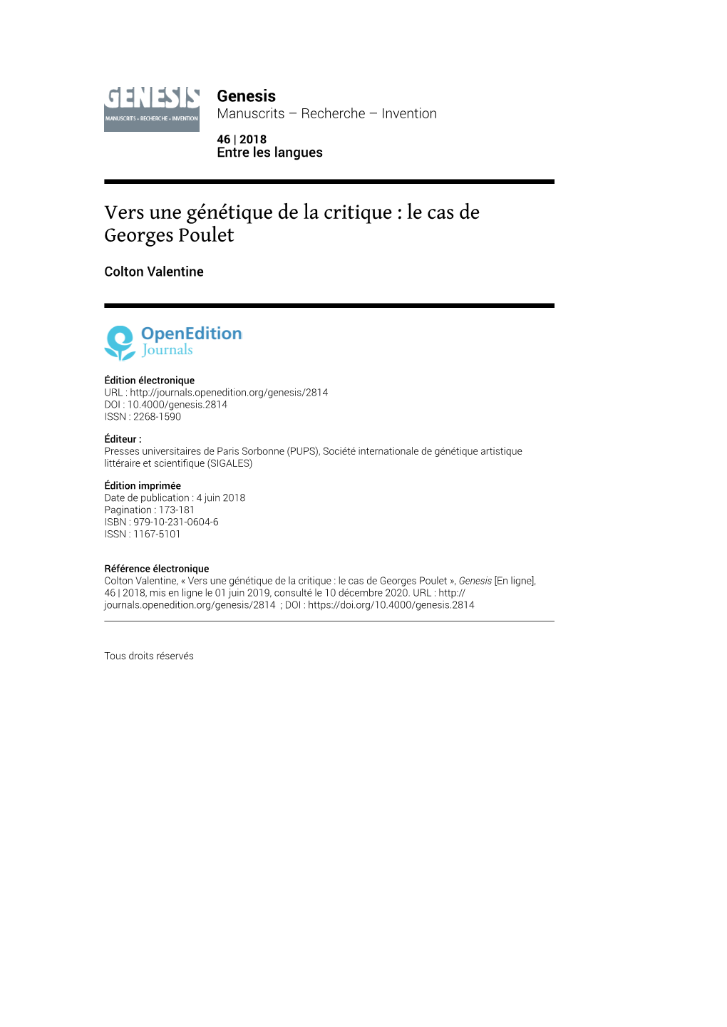 Vers Une Génétique De La Critique : Le Cas De Georges Poulet