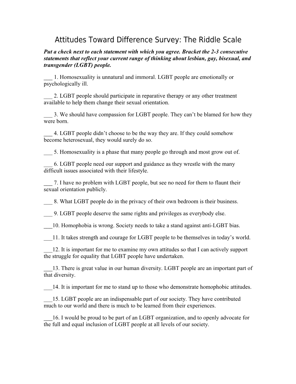 Attitudes Toward Difference Survey: The Riddle Scale