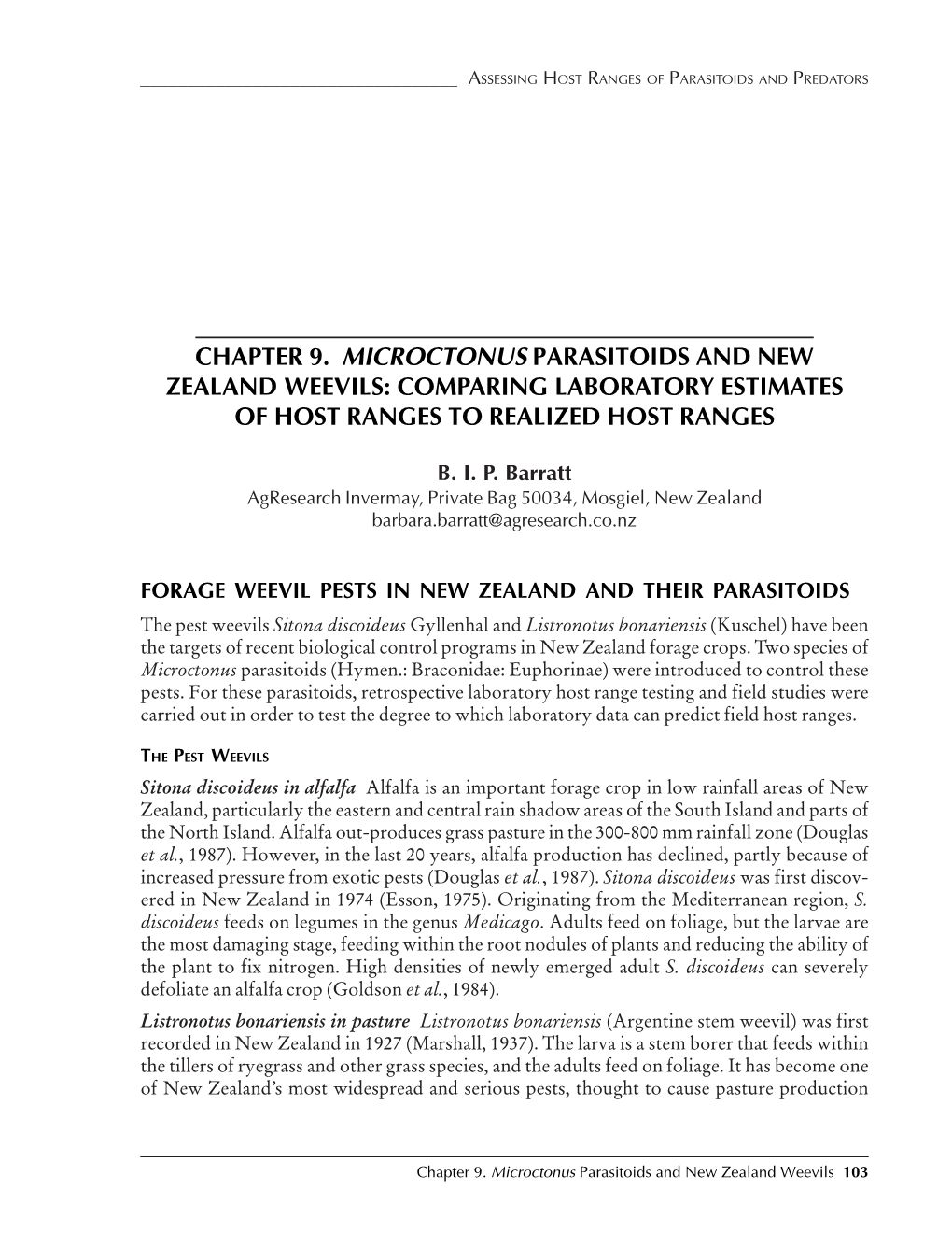 Chapter 9. Microctonus Parasitoids and New Zealand Weevils: Comparing Laboratory Estimates of Host Ranges to Realized Host Ranges