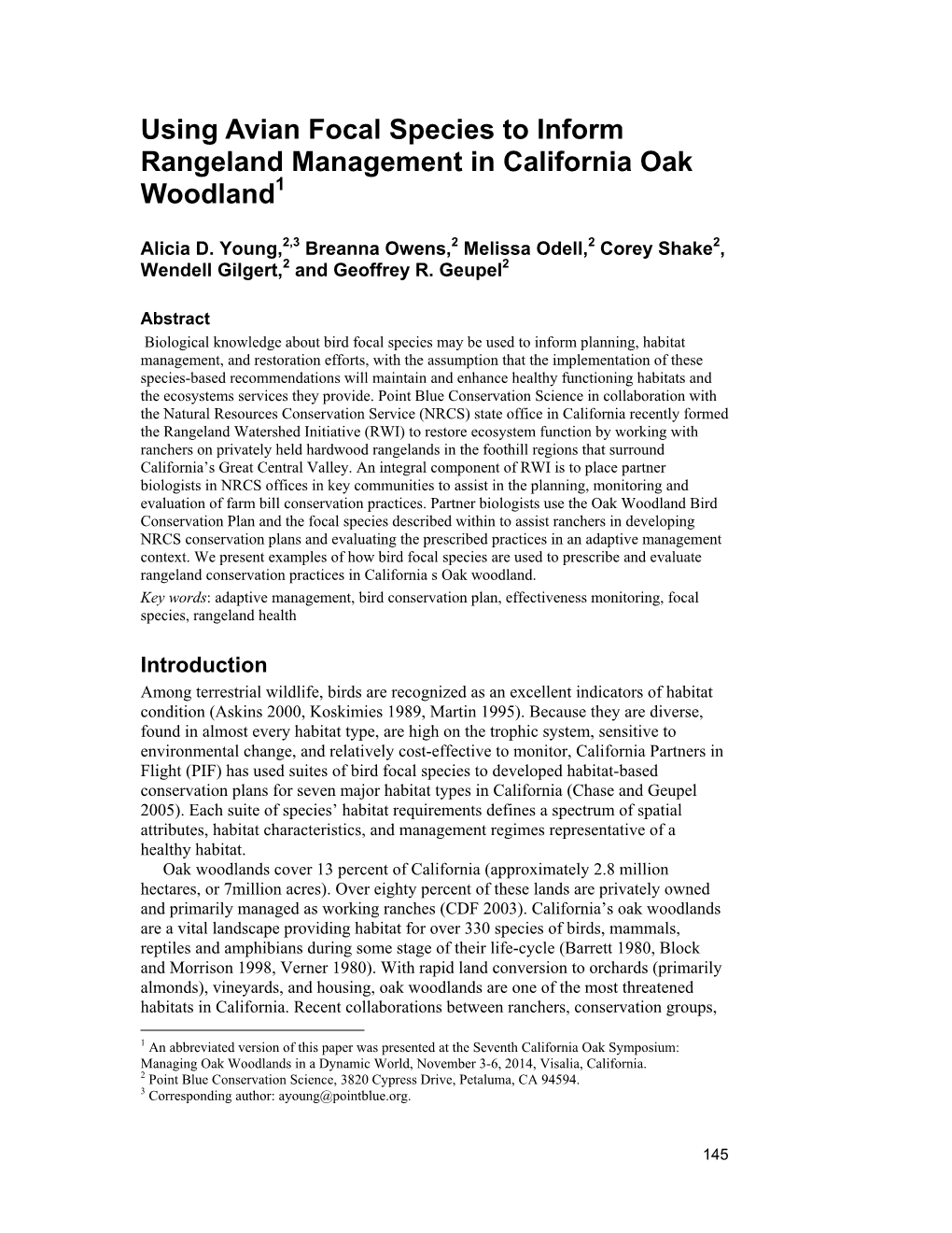 Using Avian Focal Species to Inform Rangeland Management in California Oak Woodland1