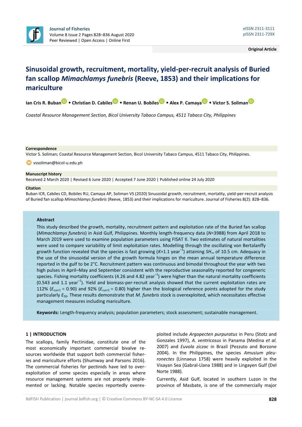 Sinusoidal Growth, Recruitment, Mortality, Yield-Per-Recruit Analysis of Buried Fan Scallop Mimachlamys Funebris (Reeve, 1853) and Their Implications for Mariculture