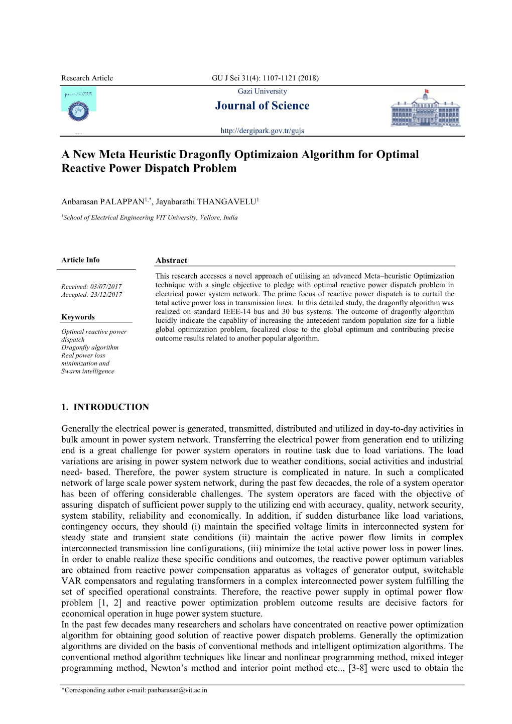 Journal of Science a New Meta Heuristic Dragonfly Optimizaion Algorithm for Optimal Reactive Power Dispatch Problem