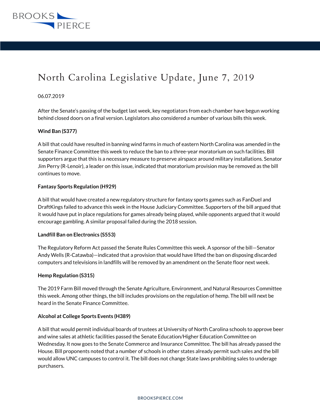 North Carolina Legislative Update, June 7, 2019