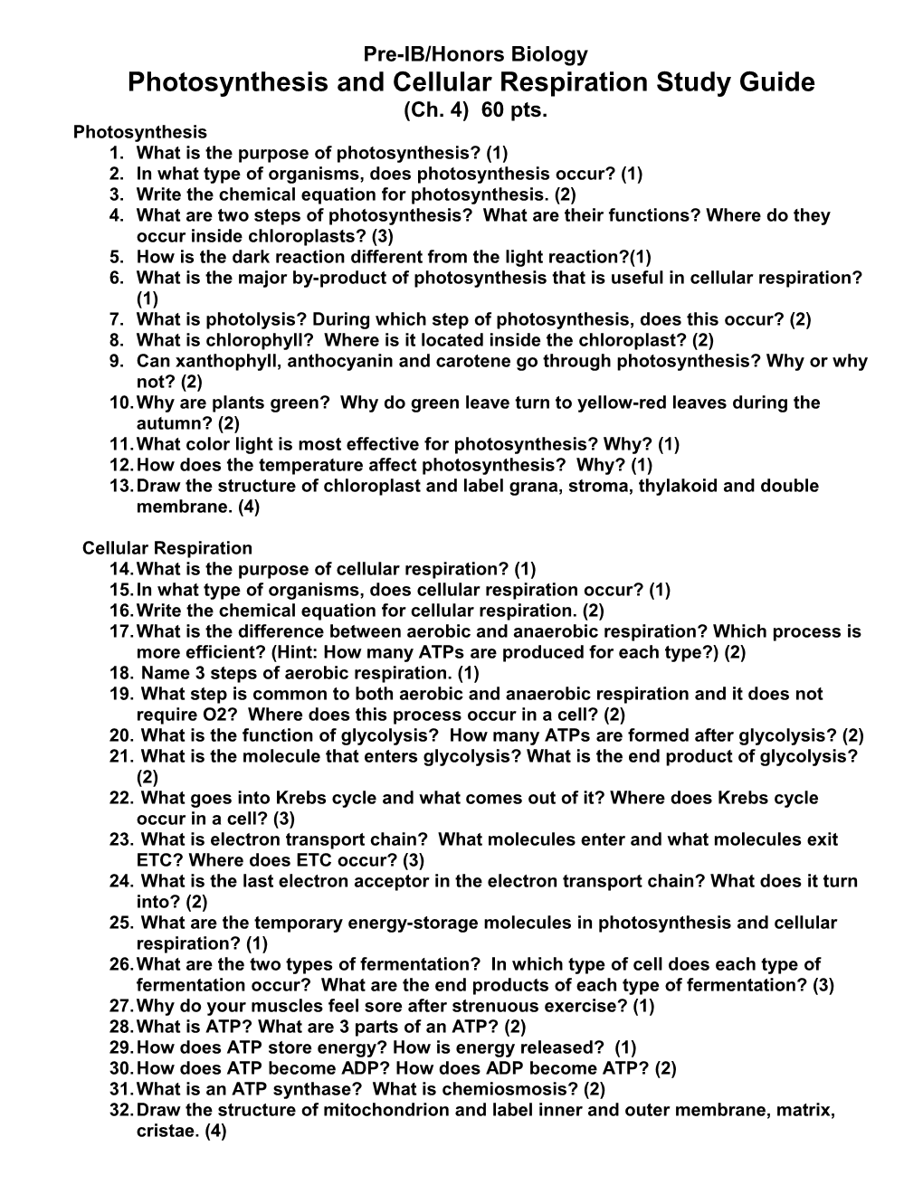 Photosynthesis and Cellular Respiration Review