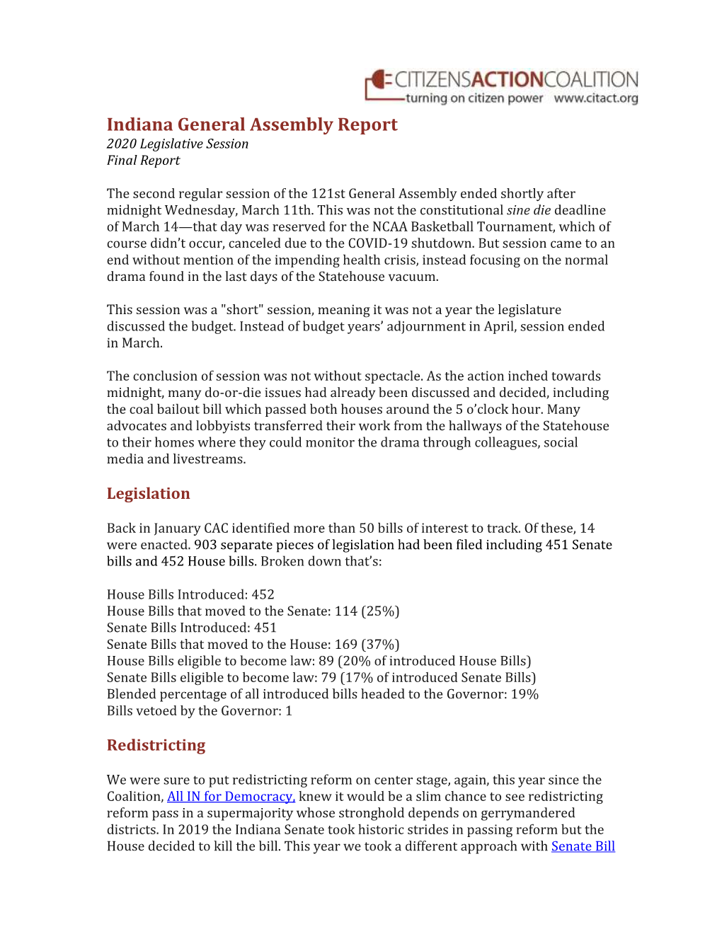 2020 Indiana General Assembly Final Report