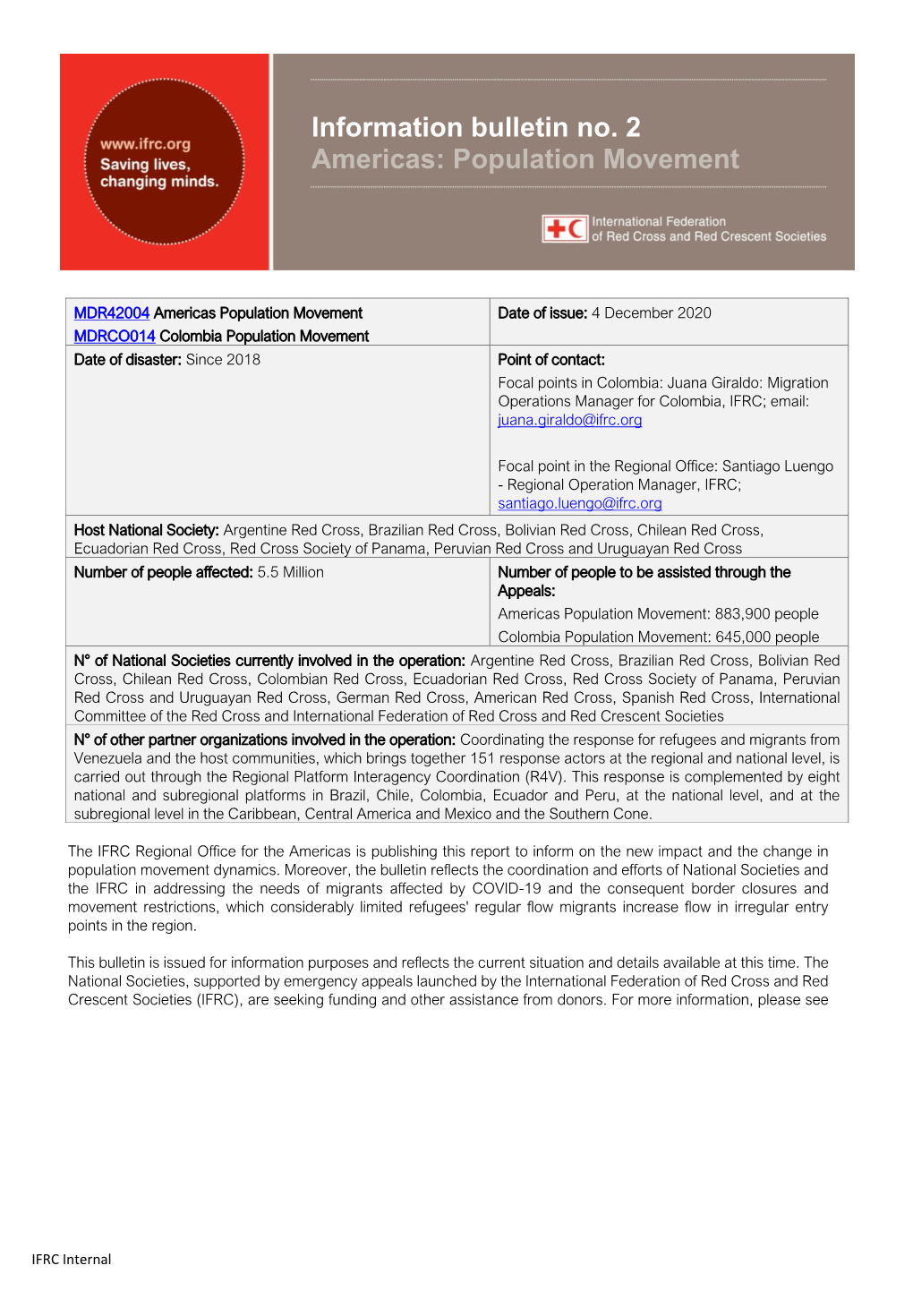 Information Bulletin No. 2 Americas: Population Movement