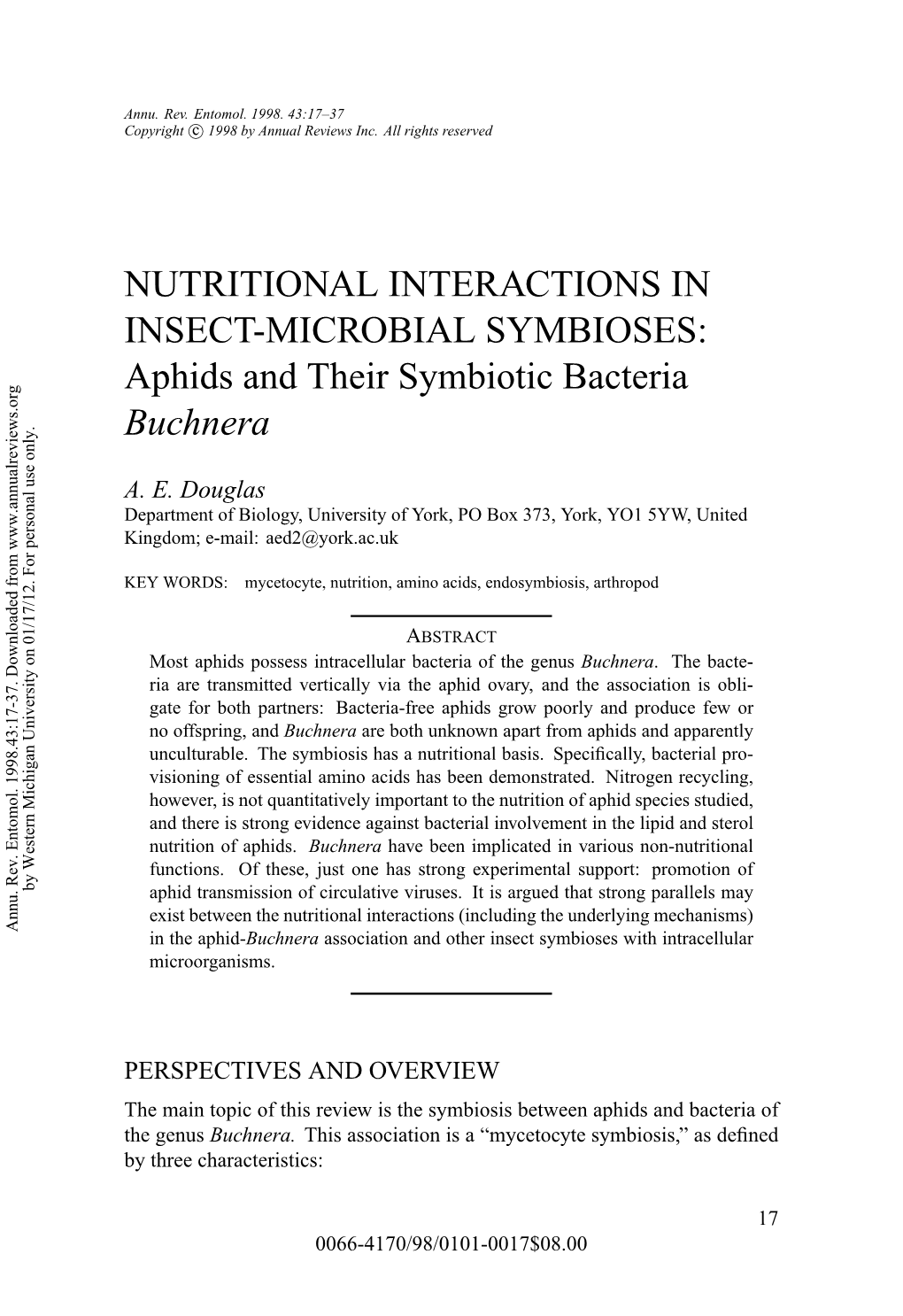 NUTRITIONAL INTERACTIONS in INSECT-MICROBIAL SYMBIOSES: Aphids and Their Symbiotic Bacteria Buchnera