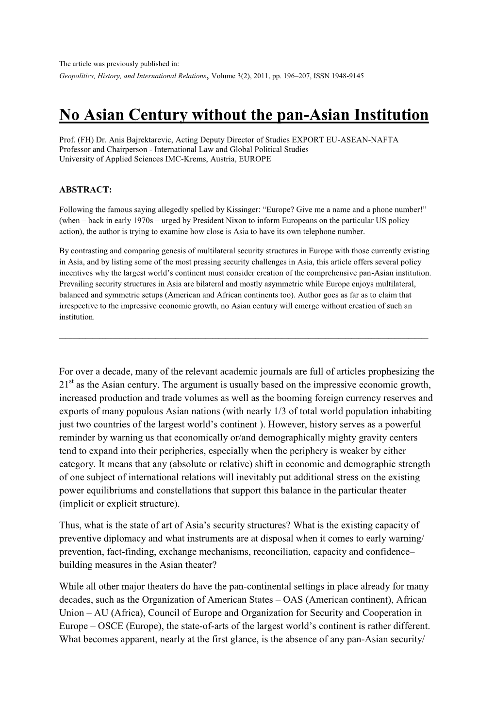 No Asian Century Without the Pan-Asian Institution