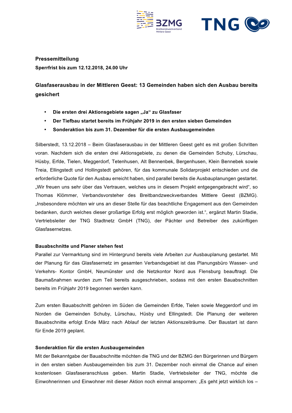 Pressemitteilung Glasfaserausbau in Der Mittleren Geest: 13 Gemeinden