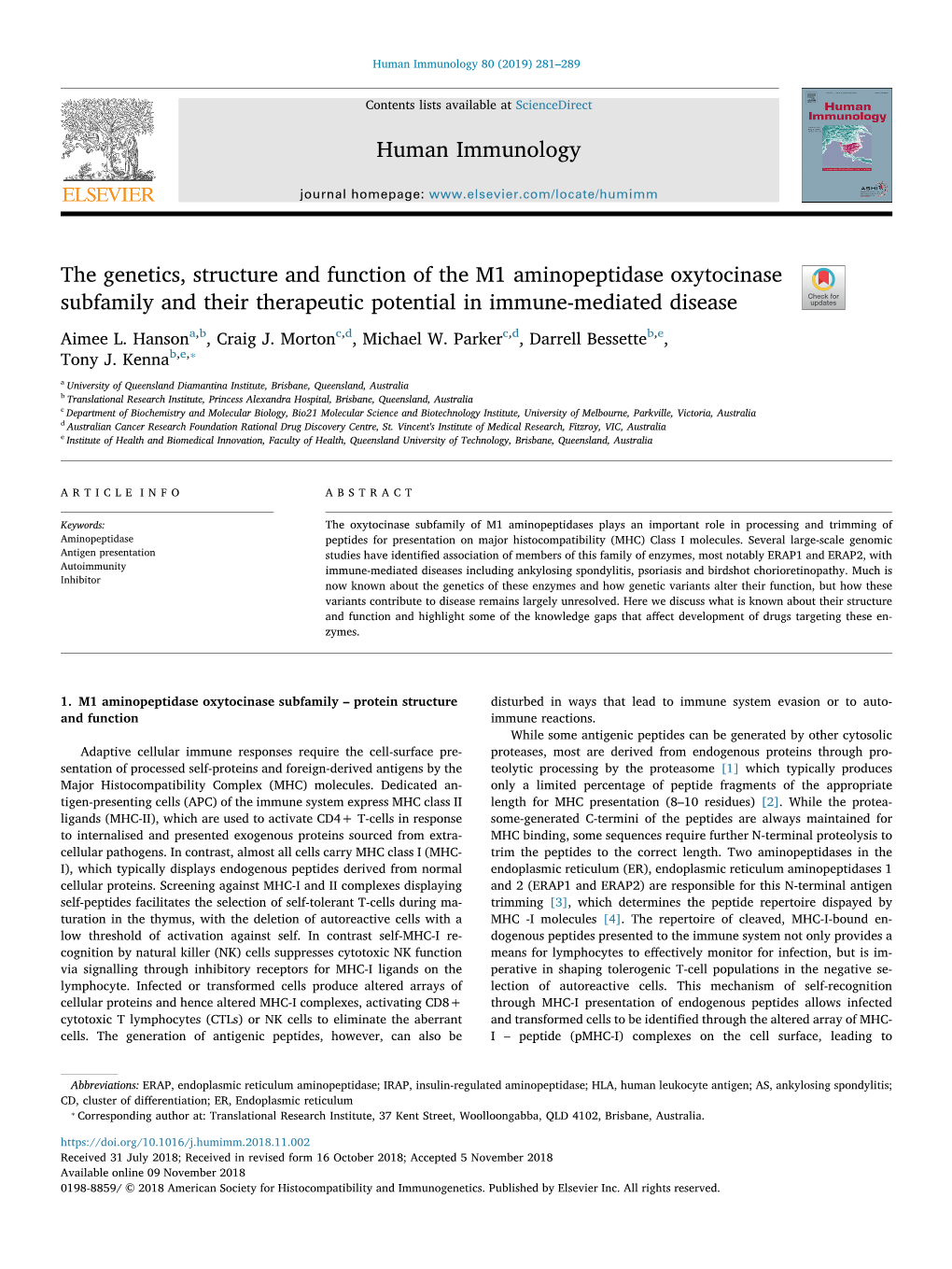 The Genetics, Structure and Function of the M1 Aminopeptidase Oxytocinase Subfamily and Their Therapeutic Potential in Immune-Mediated Disease T