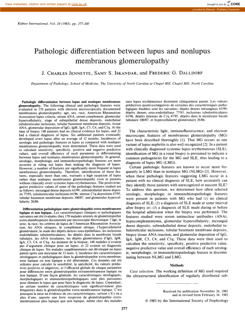 Pathologic Differentiation Between Lupus and Nonlupus Membranous Glomerulopathy