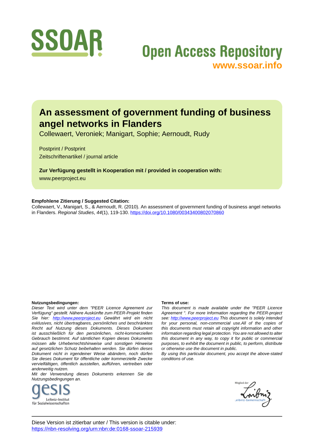 An Assessment of Government Funding of Business Angel Networks in Flanders Collewaert, Veroniek; Manigart, Sophie; Aernoudt, Rudy