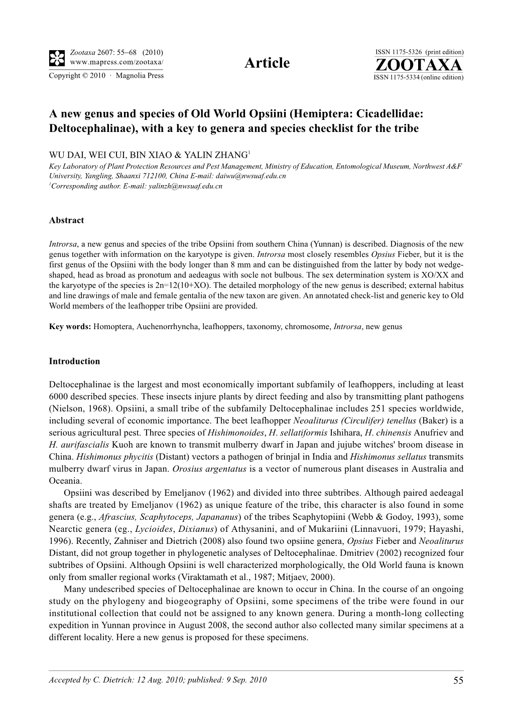 Zootaxa, a New Genus and Species of Old World Opsiini