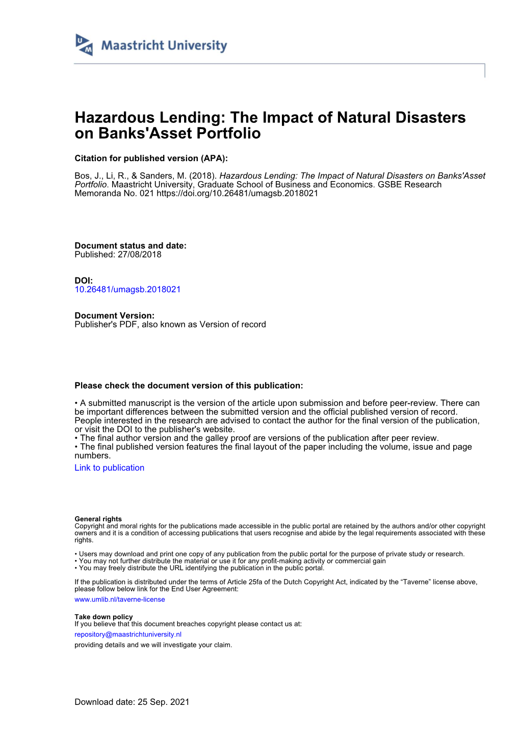 Hazardous Lending: the Impact of Natural Disasters on Banks' Asset