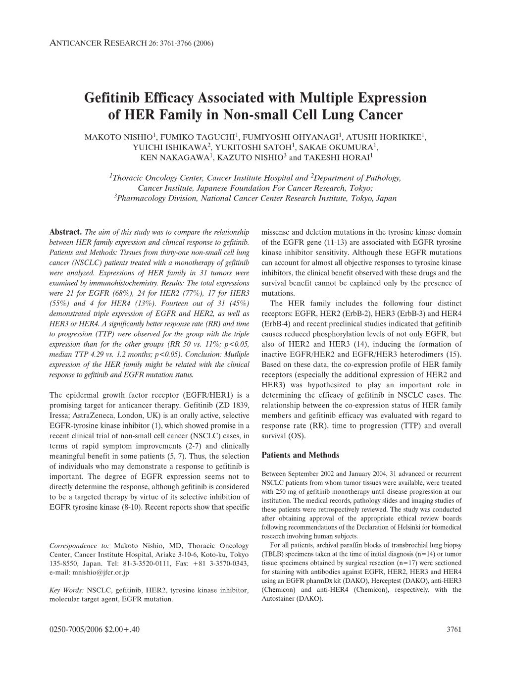 Gefitinib Efficacy Associated with Multiple Expression of HER Family in Non-Small Cell Lung Cancer