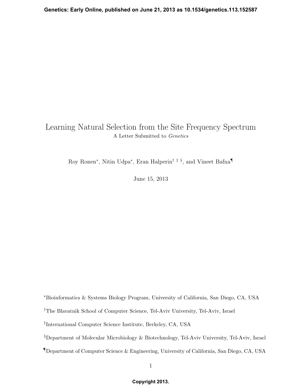 Learning Natural Selection from the Site Frequency Spectrum a Letter Submitted to Genetics