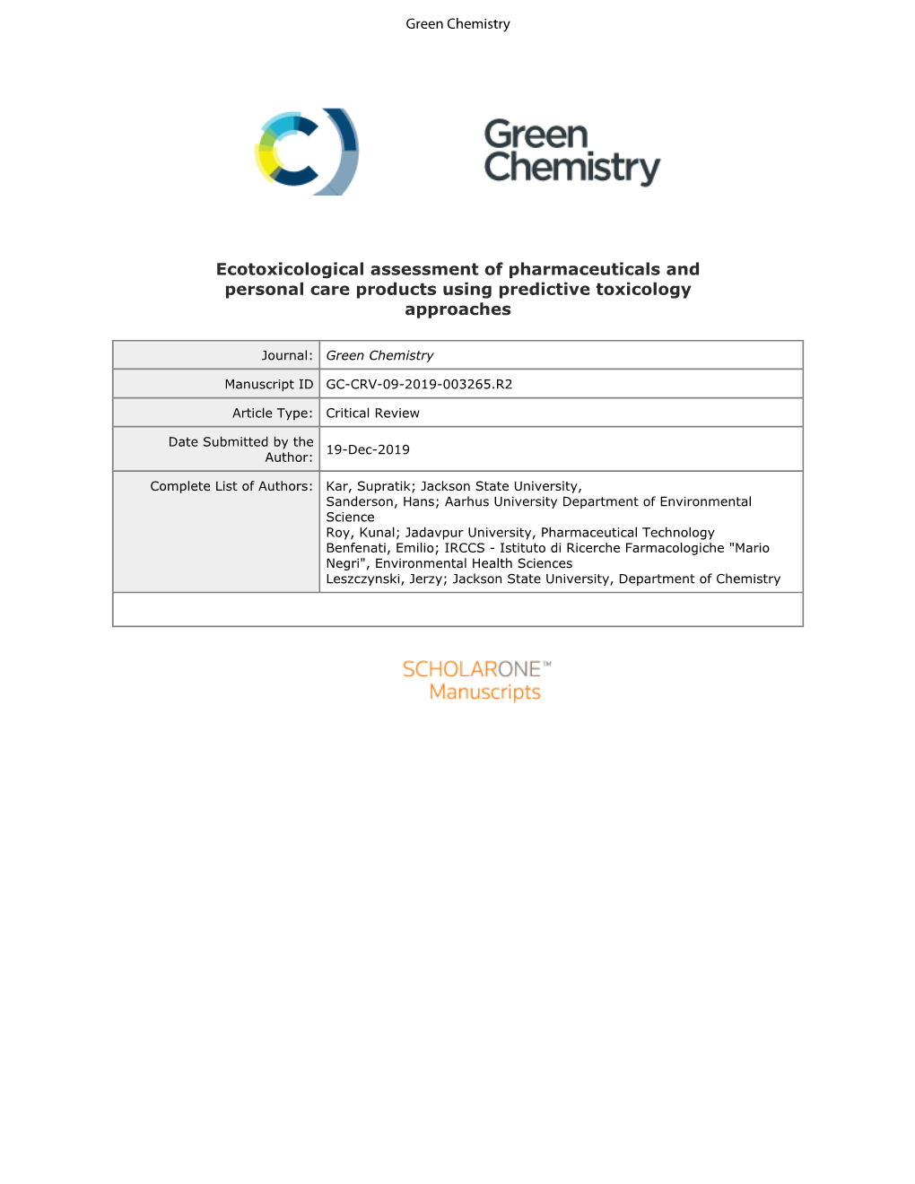 Ecotoxicological Assessment of Pharmaceuticals and Personal Care Products Using Predictive Toxicology Approaches