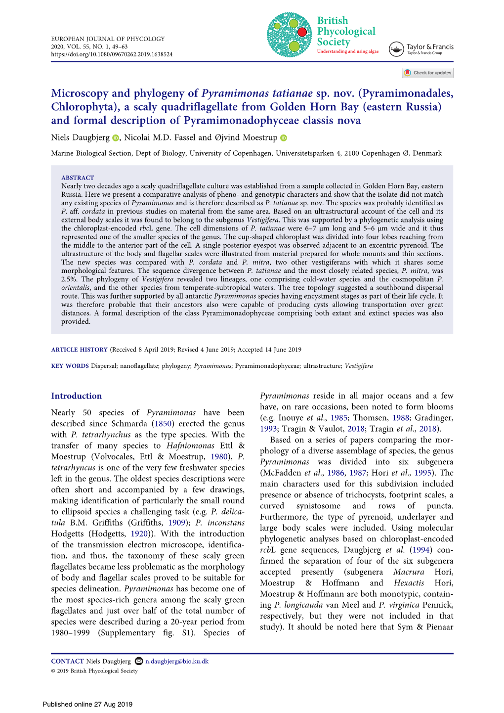 Microscopy and Phylogeny of Pyramimonas Tatianae Sp. Nov